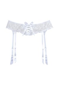 Weißer Spitzenstrumpfhalter mit Blumenmuster, Bändchen-Schnürung in der Mitte und vier verstellbaren Satinträgern mit Schleifen.