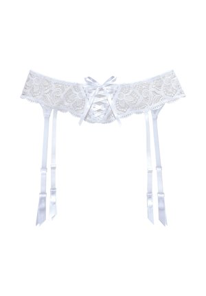 Weißer Spitzenstrumpfhalter mit Blumenmuster, Bändchen-Schnürung in der Mitte und vier verstellbaren Satinträgern mit Schleifen.