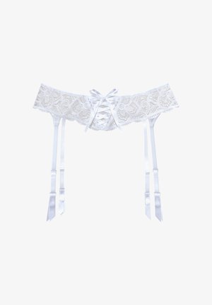 Weißer Spitzenstrumpfhalter mit Blumenmuster, Bändchen-Schnürung in der Mitte und vier verstellbaren Satinträgern mit Schleifen.