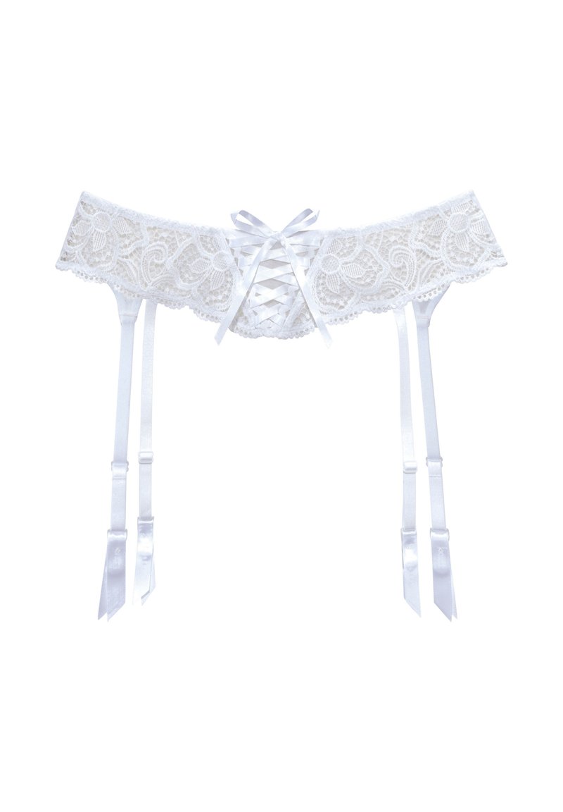 Weißer Spitzenstrumpfhalter mit Blumenmuster, Bändchen-Schnürung in der Mitte und vier verstellbaren Satinträgern mit Schleifen.