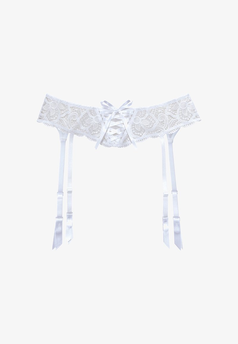Weißer Spitzenstrumpfhalter mit Blumenmuster, Bändchen-Schnürung in der Mitte und vier verstellbaren Satinträgern mit Schleifen.
