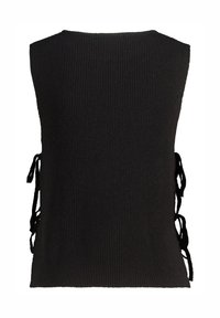 Black knitted top featuring a ribbed texture and side ties for adjustable fit. Sleeveless design with a high neckline.