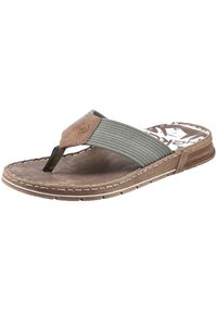 Bruna flip-flop-sandaler med en texturerad grön tygrem, brunt läderdetalj och en formad sula med detaljerad sömnad.