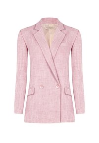 Rosa zweireihiger Blazer aus strukturiertem Stoff, mit Reverskragen, zwei Vorderaschen und rosa Knöpfen. Keine sichtbaren Muster oder Akzente.