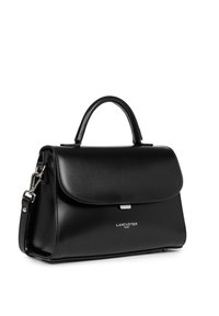 Borsa a mano in pelle nera con un design strutturato, dotata di manico superiore, tracolla removibile e hardware in argento. Logo sul davanti.