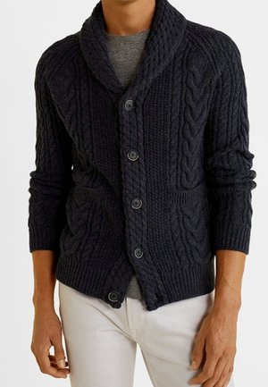 Muž nosící tmavě šedý kardigan s kabelovým vzorem a límcem šálového typu, zapínaný na knoflíky, přes šedé tričko a světlé kalhoty.