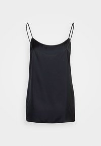 Czarna satynowa koszulka na cienkich, spaghetti paskach z prostym dekoltem.