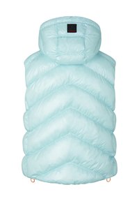 Světle modrá prošívaná vesta se vzorem rybí kosti, doplněná o kapuci a černou štítek s červeným akcentem. Hladký povrch a lehký materiál.