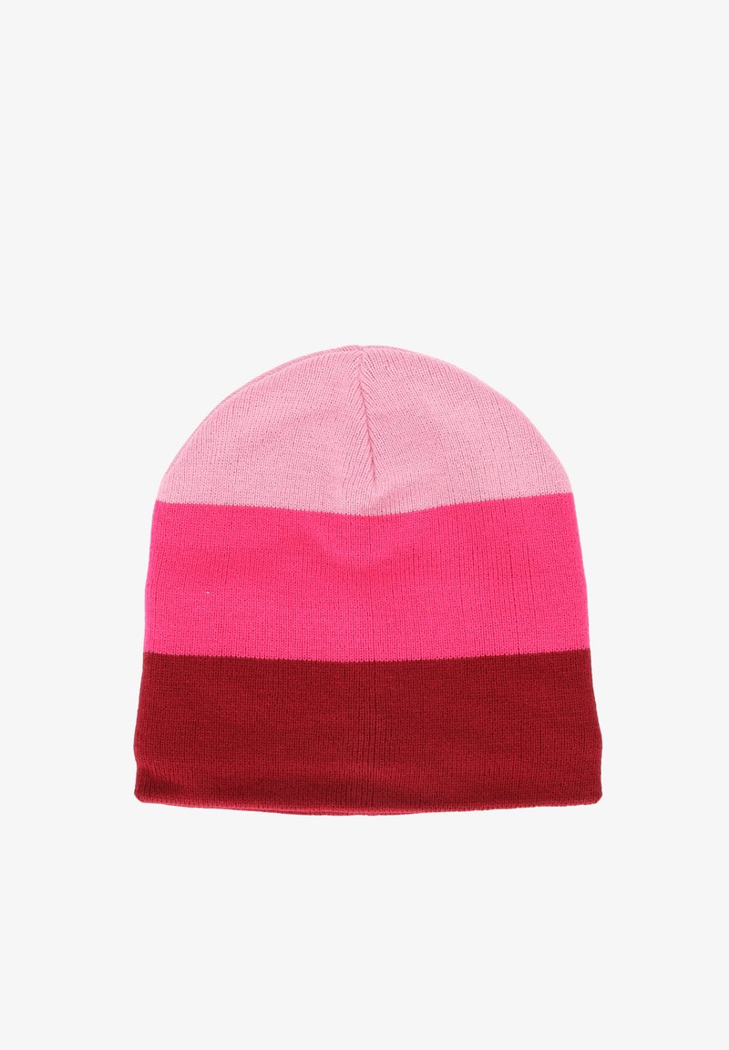 Beanie lavorato a maglia con strisce orizzontali in rosa chiaro, rosa vivace e rosso scuro. Texture morbida, cima arrotondata, vestibilità elasticizzata.