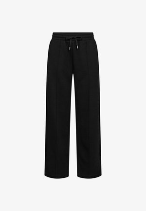 Black sweatpants made of soft fabric, featuring a wide-leg design, elastic waistband with drawstring, and subtle side seams.