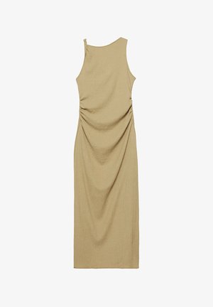 Robe maxi sans manches couleur beige avec un col montant et des détails de tissu froncés sur les côtés, vue de dos sur fond blanc.