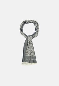 Blue and grey scarf with floral pattern, fringed ends, lightweight fabric, and a wrapped design, showcasing texture and intricate detailing.