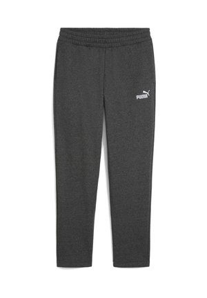 Pantaloni de trening gri, cu talie elastică, design evazat și logo alb Puma pe coapsa stângă. Material moale cu o textură netedă.
