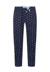 Pantalons de pyjama couleur marine en coton avec taille à cordon. Présente un petit motif blanc répétitif et un zip à bouton. Texture douce.