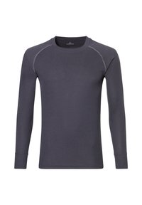 Donkergrijs shirt met lange mouwen en ronde hals, met contrasterende schoudernaden en geribbelde manchetten, plat gelegd op een witte achtergrond.