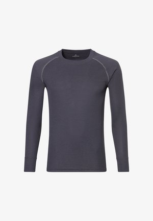 Dunkelgraues Langarmshirt mit Rundhalsausschnitt, kontrastierenden Schulternähten und gerippten Bündchen, flach auf weißem Hintergrund ausgelegt.