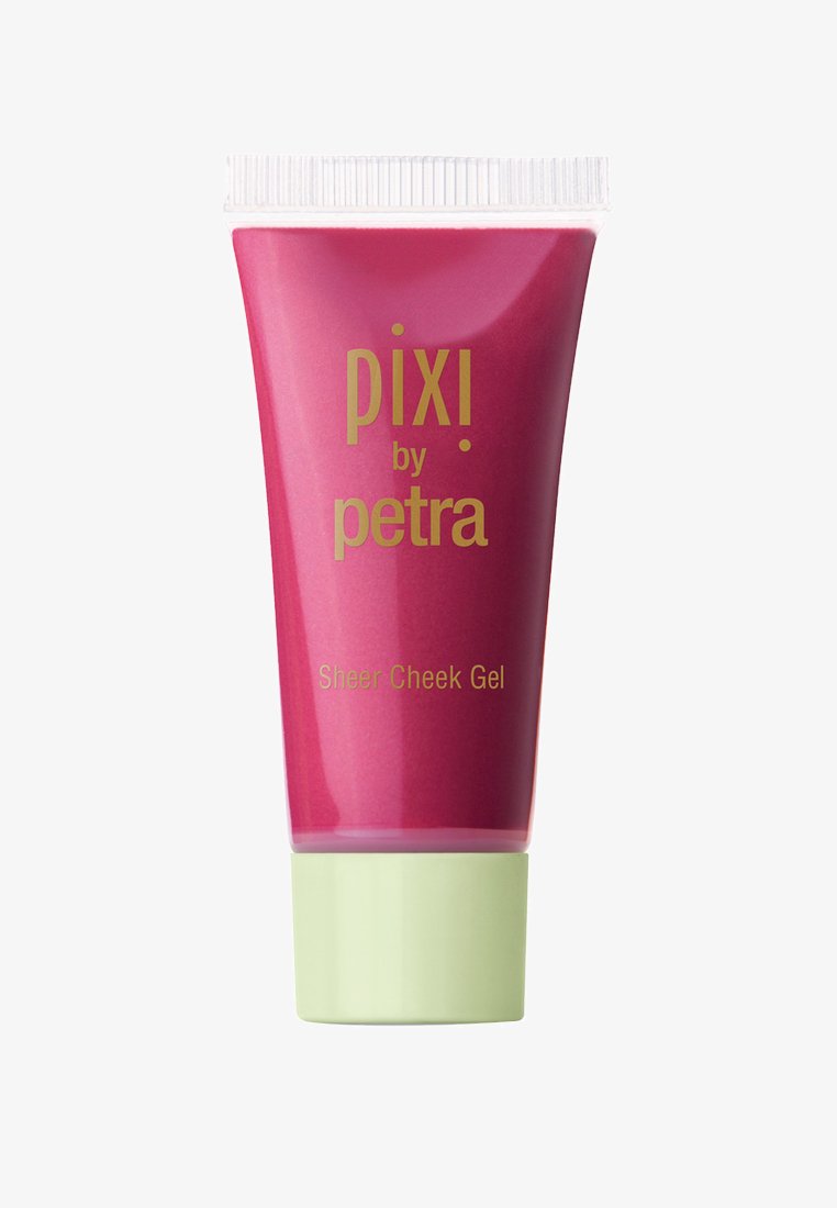 Pixi by Petra Gel Crème Transparente pour Joues dans un tube transparent. Gel rose vif avec un capuchon vert pâle. Texte doré affichant la marque et le nom du produit.