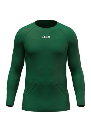 Maglietta sportiva verde scuro a maniche lunghe con scollo rotondo e logo bianco "JAKO" centrato sulla parte superiore del petto.