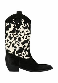 Bottes de cowboy en suède noir avec une tige en textile beige et noir à motif, bout pointu et petit talon bloc. Comprend une languette de tirage sur le dessus.