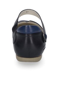 Schwarze Ledersandale mit einem marineblauen Akzent an der Ferse, offenem Hinterteil und einer niedrigen, neutralfarbigen Sohle. Die angegebene Größe ist 37.