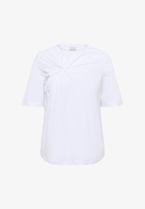 Fehér, rövid ujjú póló, puha pamutból készült, elől csavart részlettel a textúra fokozása érdekében és laza szabással.