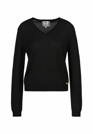 Pull noir à manches longues avec col en V, poignets et ourlet côtelés, petit logo doré près du bas.