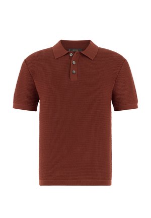 Polo en maille de couleur rouille à manches courtes, avec un motif texturé et un col à patte avec trois boutons.