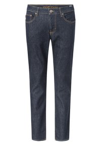 Jeans de denim azul escuro com um corte slim, apresentando costuras laranja, bolsos frontais e um fecho de botão na cintura.