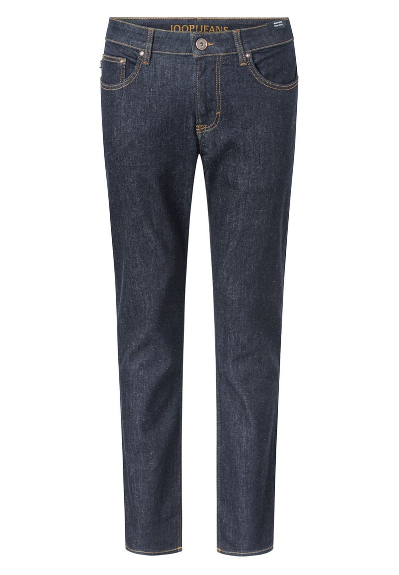 Jeans de denim azul escuro com um corte slim, apresentando costuras laranja, bolsos frontais e um fecho de botão na cintura.