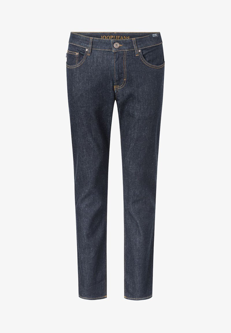 Jeans de mezclilla azul oscuro con corte ajustado, con costuras naranjas, bolsillos frontales y cierre de botón en la cintura.