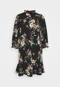 Schwarzes Blumenkleid mit einem Rüschenausschnitt, puffärmel und einem ausgestellten Saum. Es hat bunte Blumenmuster in Rot, Orange und Grün.
