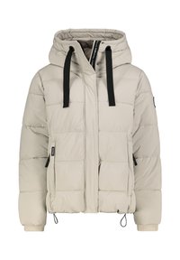 Beige gepolsterte Jacke mit Kapuze, schwarzen Kordeln, Reißverschluss und zwei Seitentaschen. Mit gerippten Bündchen und einem dezenten Logo.