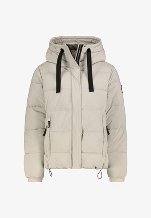 Beige gepolsterte Jacke mit Kapuze, schwarzen Kordeln, Reißverschluss und zwei Seitentaschen. Mit gerippten Bündchen und einem dezenten Logo.