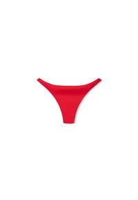 Bas de bikini rouge à côtes avec un design échancré et une couverture minimale. Présente une texture lisse et des lignes épurées.