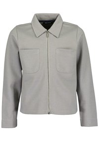 Grå zip-up jacka med krage, två framfickor och långa ärmar. Har en strukturerad tyg och en ren, modern design.