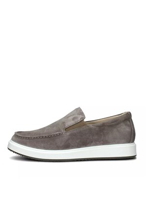 Scarpa slip-on in suede grigio con pannelli elastici laterali, suola in gomma bianca e dettagli di cucitura. Design a profilo basso e texture liscia.