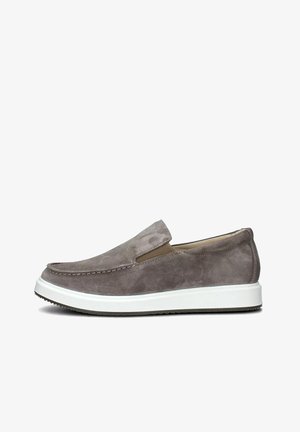 Scarpa slip-on in suede grigio con pannelli elastici laterali, suola in gomma bianca e dettagli di cucitura. Design a profilo basso e texture liscia.