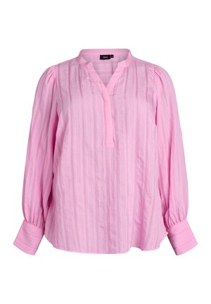 Helles rosa Bluse mit feinen vertikalen Streifen, langen puffärmel, geknöpften Handgelenken und einem V-Ausschnitt mit einem kurzen mandarin Kragen.