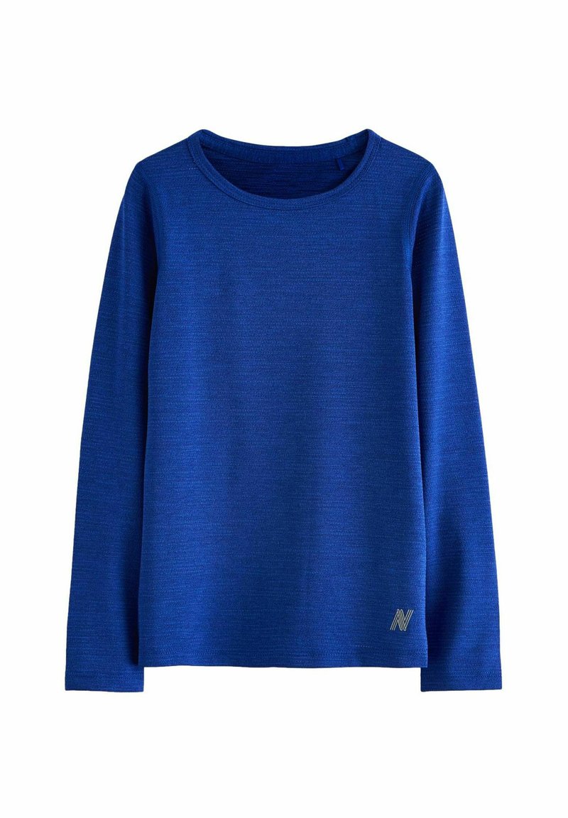 Langarmige blauwe shirt gemaakt van gestructureerde stof, met een ronde hals en een klein geborduurd logo aan de onderzijde van de voorkant.