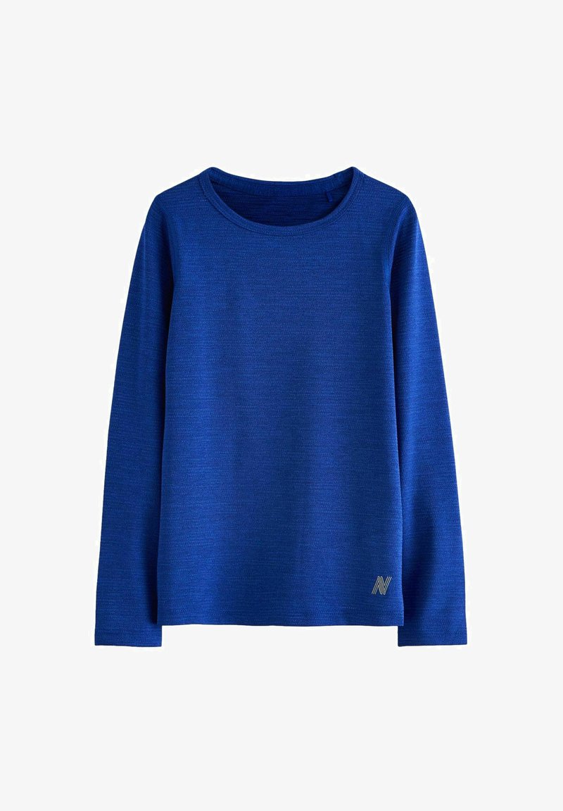 Long-sleeve blue shirt made of textured fabric, featuring a round neck and a small embroidered logo on the lower front side.