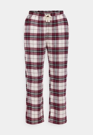 Pantaloni da pigiama a quadri in bianco, rosso e grigio, con una vita elastica e un cordino. Realizzati in tessuto morbido con una texture liscia.