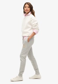 Biała bluza, szare dresy z złotym nadrukiem, różowy kołnierzyk widoczny pod spodem i białe trampki. Gładki materiał i luźny krój.