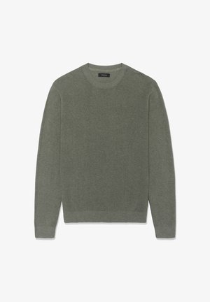Zöld kötött pulóver kerek nyakkivágással, bordázott mandzsettákkal és texturált anyaggal. Egyszerű kialakítás, laza szabással.