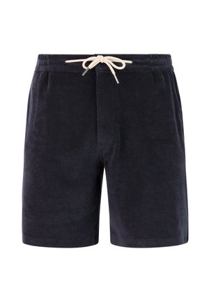 Marineblaue Shorts aus Frottee mit elastischem Bund und verstellbarem cremefarbenem Kordelzug, mit einer einfachen, glatten Textur und ohne zusätzliche Muster.