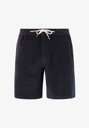 Marineblauwe terrydoek shorts met een elastische tailleband en verstelbare crèmekleurige trekband, met een eenvoudige, gladde textuur zonder extra patronen.