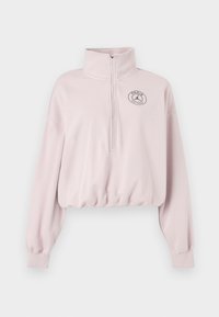 Felpa corta di colore rosa chiaro con colletto alto, mezza zip e orlo elastico. Presenta un logo circolare con la scritta "PARIS" in un colore a contrasto.