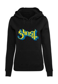 Sudadera negra con un gran gráfico estilizado en azul y amarillo que dice "Ghost" en el pecho, con un bolsillo frontal y capucha con cordones.