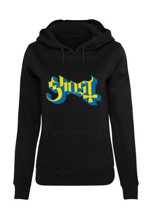 Hanorac negru cu un grafic mare, stilizat, în culorile albastru și galben, reprezentând "Ghost" pe piept, dotat cu un buzunar frontal și glugă cu șnur.