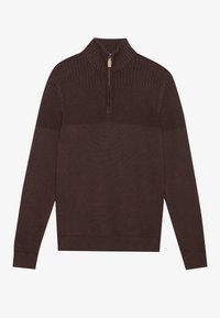 Maglione in maglia marrone con colletto a mezza zip. Sezione superiore testurizzata e sezione inferiore liscia. Polsini e orlo a coste. Tessuto morbido.