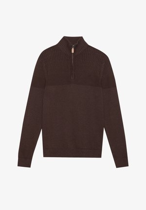 Brązowy sweter robiony na drutach z kołnierzem na zamek błyskawiczny z półsurowym wykończeniem. Teksturowana górna część i gładka dolna część. Żebrowane mankiety i dół. Miękka tkanina.